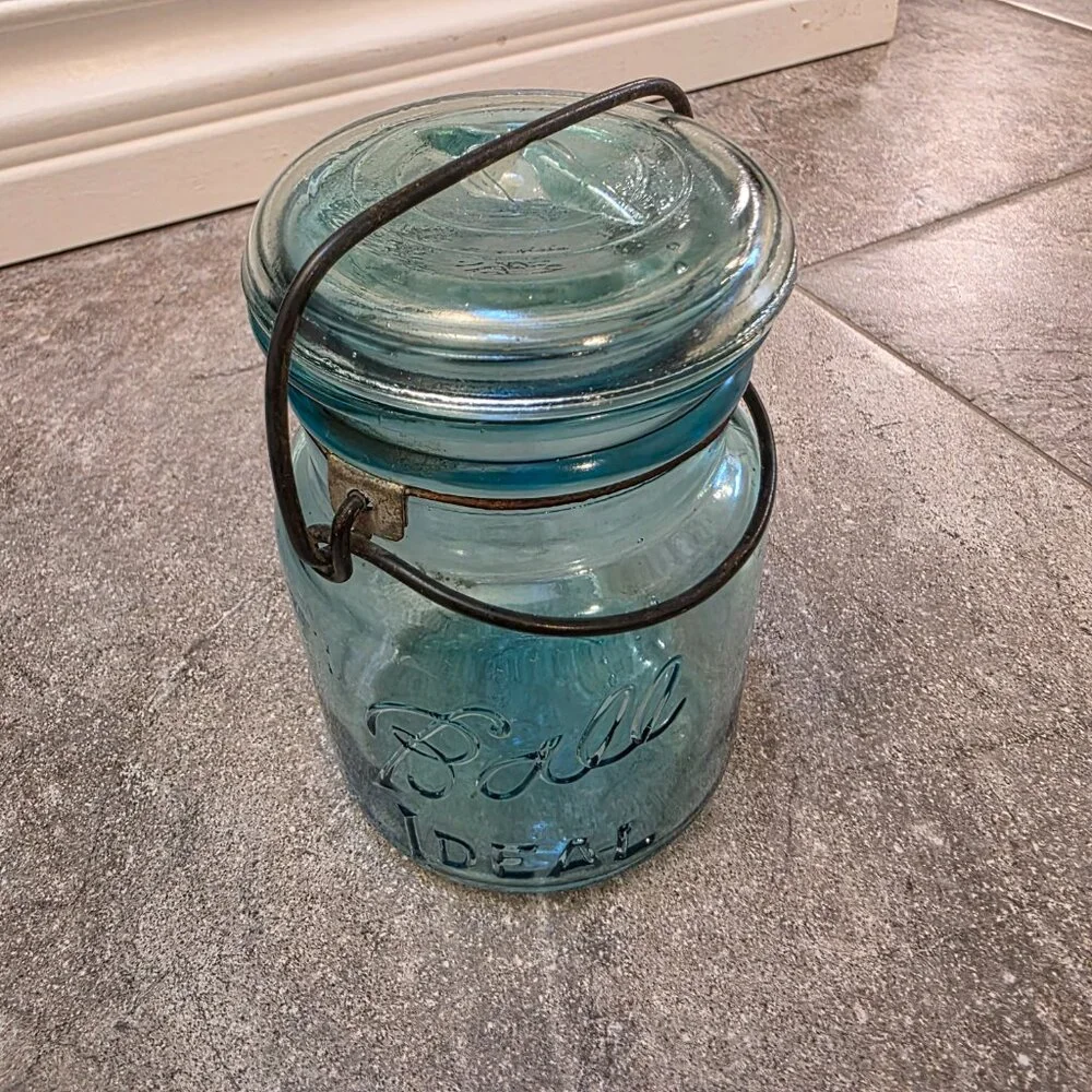 Vintage Rare #9 Ball Ideal Blue Glass Quart Jar W/ Top & Wire